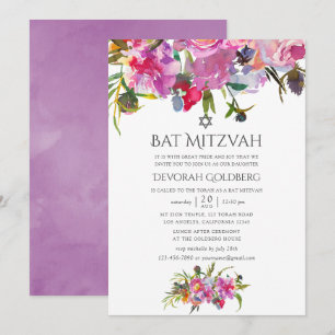 Invitation Bar Mitzvah à l'aquarelle florale vintage