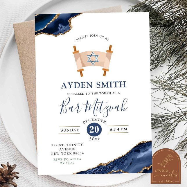 Invitation Bar Mitzvah Agate Or Bleu Marine (Créateur téléchargé)