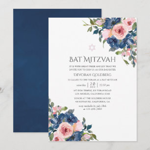 Invitation Bar Mitzvah aquarelle bleu marine et floral rose