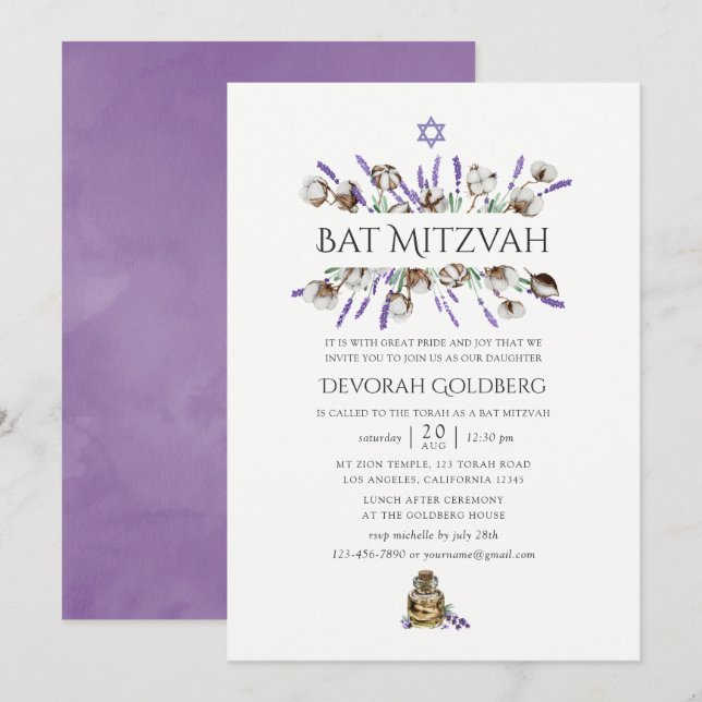 Invitation Bar Mitzvah aquarelle coton lavande (Devant / Derrière)