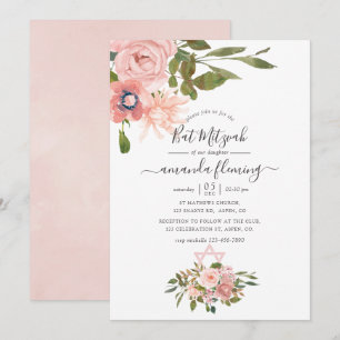 Invitation Bar Mitzvah aquarelle florale Rose et Or rose