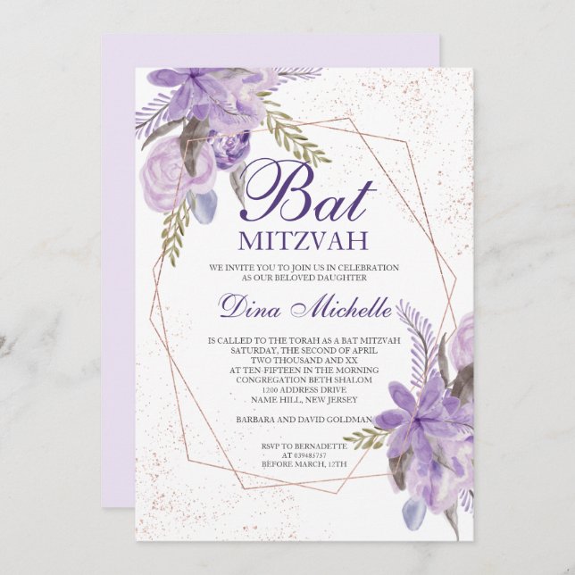 Invitation Bar Mitzvah aquarelle florale rose gold et violet (Devant / Derrière)