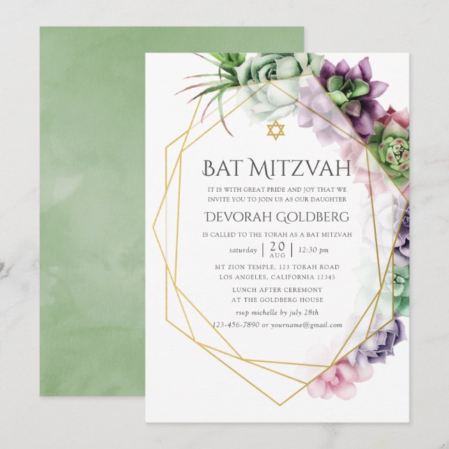 Invitation Bar Mitzvah aquarelle géométrique succulente (Devant / Derrière)