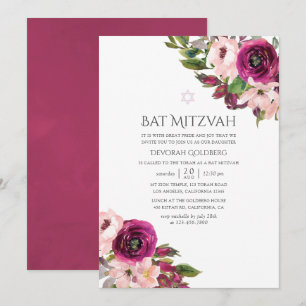 Invitation Bar Mitzvah aquarelle Marsala et florale rose