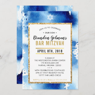 INVITATION BAR MITZVAH aquarelle moderne cool bleu