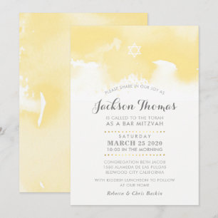 Invitation BAR MITZVAH aquarelle moderne jaune pâle gris