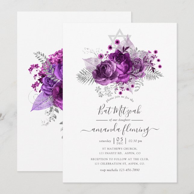 Invitation Bar Mitzvah aquarelle prune et argent (Devant / Derrière)