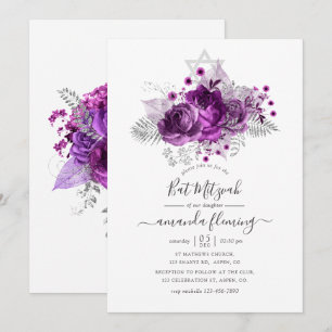 Invitation Bar Mitzvah aquarelle prune et argent