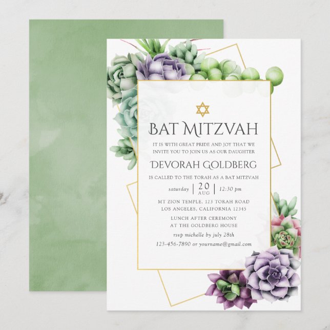 Invitation Bar Mitzvah aquarelle succulente géométrique (Devant / Derrière)