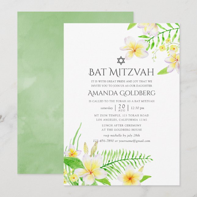 Invitation Bar Mitzvah aquarelle tropical frangipanier (Devant / Derrière)