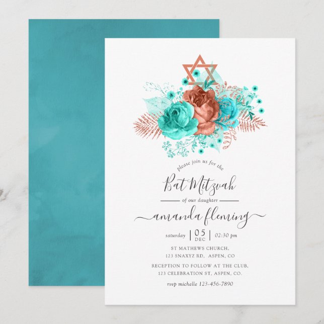 Invitation Bar Mitzvah aquarelle turquoise et corail (Devant / Derrière)
