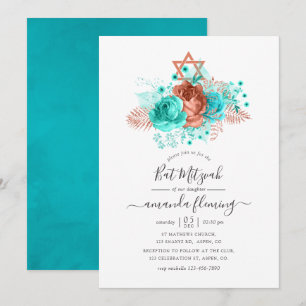 Invitation Bar Mitzvah aquarelle turquoise et corail