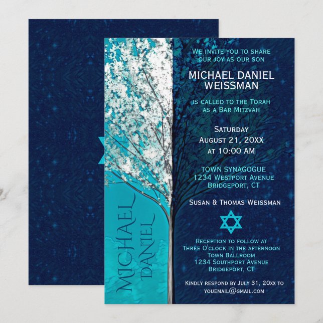 Invitation Bar Mitzvah Arbre de vie avec étoiles (Devant / Derrière)