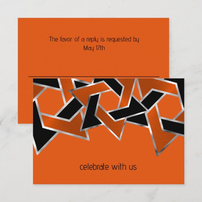 Invitation Bar Mitzvah Argent Orange Black Star de David (Devant / Derrière)