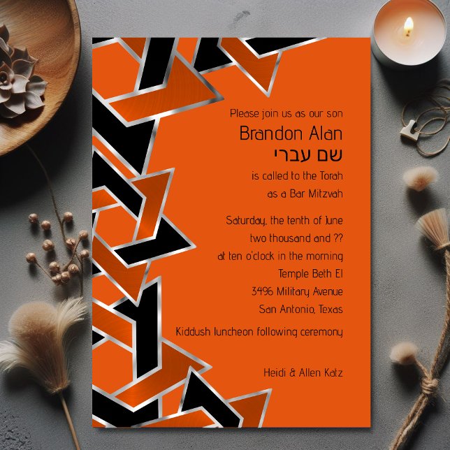 Invitation Bar Mitzvah Argent Orange Black Star de David (Créateur téléchargé)