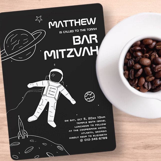 Invitation Bar Mitzvah Astronaut moderne noir et blanc (Créateur téléchargé)