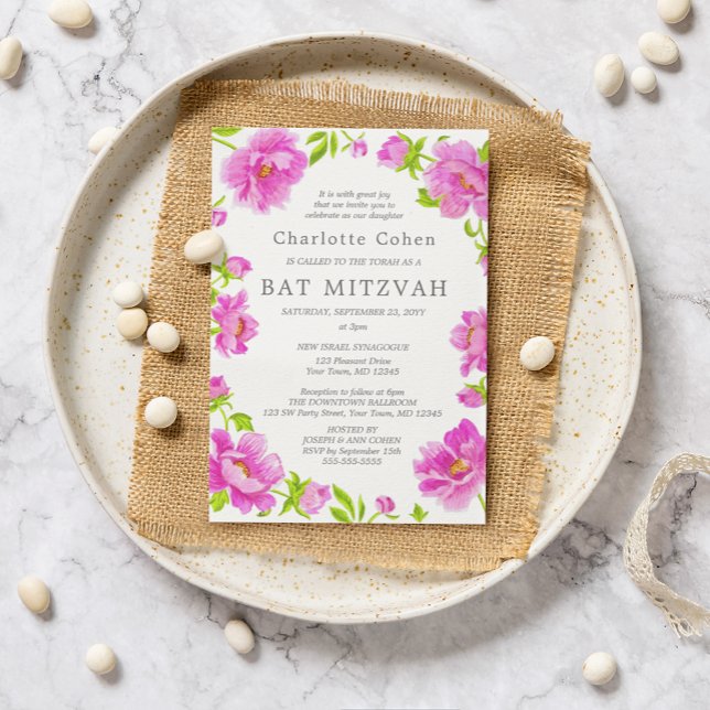 Invitation Bar Mitzvah aux Pivoines Roses (Créateur téléchargé)