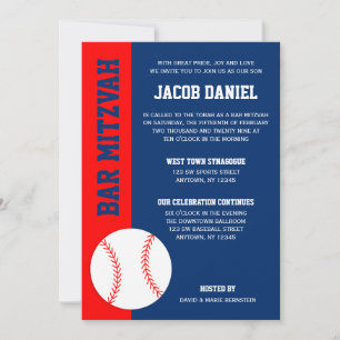 Invitation Bar Mitzvah Baseball Rouge Bleu