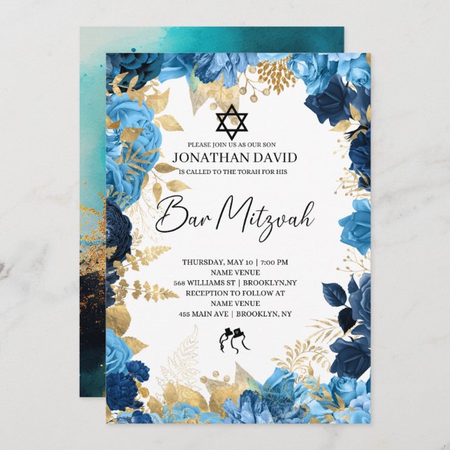 Invitation Bar Mitzvah\Bat mitzvah, Anniversaire, Blue Gold S (Devant / Derrière)