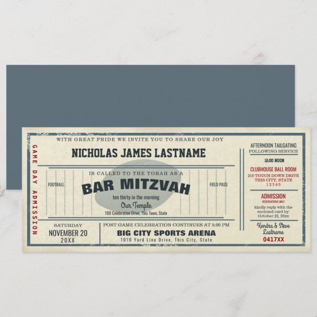 Invitation Bar Mitzvah Billet Football Vintage (Devant / Derrière)