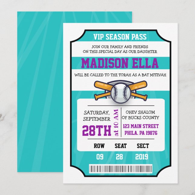 Invitation Bar Mitzvah Billets BASEBALL (Devant / Derrière)