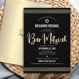 Invitation Bar Mitzvah Black Gold Foil Script Bold Modern Mod