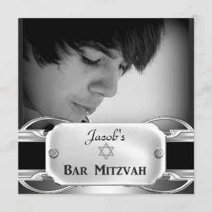 Invitation Bar Mitzvah Black Silver Metal mâle