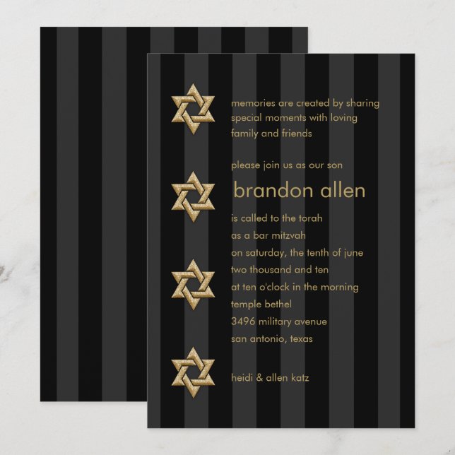 Invitation Bar Mitzvah Black Stripe Gold Star (Devant / Derrière)