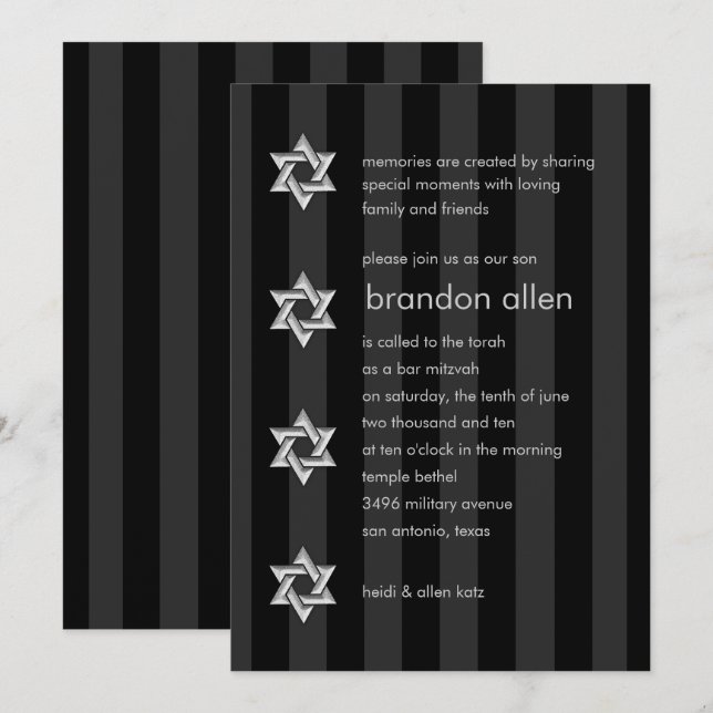 Invitation Bar Mitzvah Black Stripe Silver Star (Devant / Derrière)