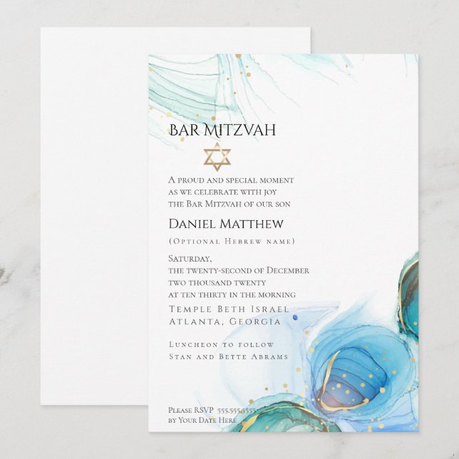 Invitation Bar Mitzvah  Bleu Abstrait  (Devant / Derrière)
