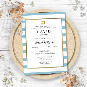 Invitation Bar Mitzvah Bleu Blanc Classique Rayure Or