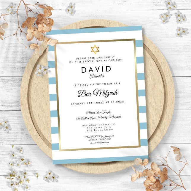 Invitation Bar Mitzvah Bleu Blanc Rayé Or (Bar Mitzvah Classic Blue White Stripe Gold Invitation)