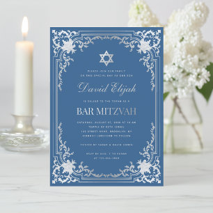 Invitation Bar Mitzvah Bleu Classique Faux Étoile Argentée Vi