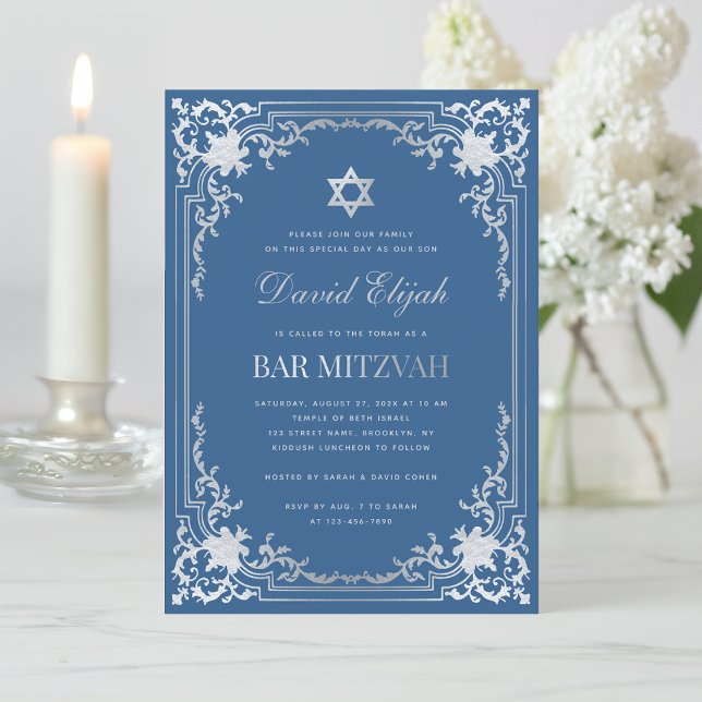 Invitation Bar Mitzvah Bleu Classique Faux Étoile Argentée Vi (Créateur téléchargé)