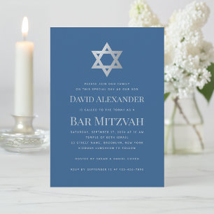 Invitation Bar Mitzvah Bleu Classique Faux Étoile de David en