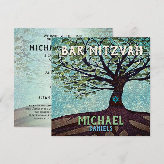 Invitation Bar Mitzvah Bleu et Arbre Vert de la Vie (Devant / Derrière)
