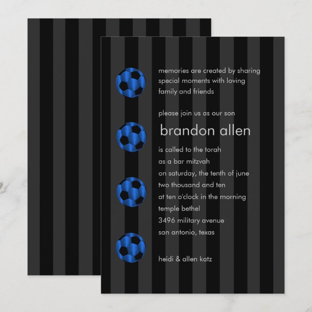Invitation Bar Mitzvah Bleu et Black Soccer Ball (Devant / Derrière)