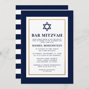 Invitation Bar Mitzvah Bleu et Blanc en or rayé