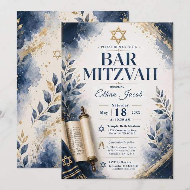 Invitation Bar Mitzvah bleu et or (Devant / Derrière)