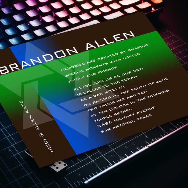 Invitation Bar Mitzvah Bleu et vert sur n'importe quelle coul (Créateur téléchargé)