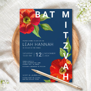 Invitation Bar Mitzvah Bleu Marine Fleur Rouge Aquarelle Mode