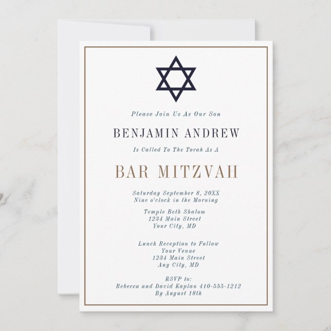 Invitation Bar Mitzvah bleu marine or classique  (Devant)