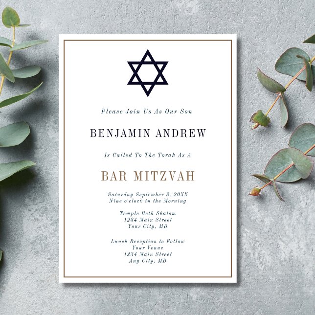 Invitation Bar Mitzvah bleu marine or classique  (Classic Navy Blue Gold Star of David Bar Mitzvah Invitation. Formal Traditional)