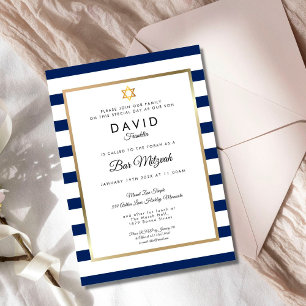 Invitation Bar Mitzvah Bleu Nuit Blanc Rayure Or