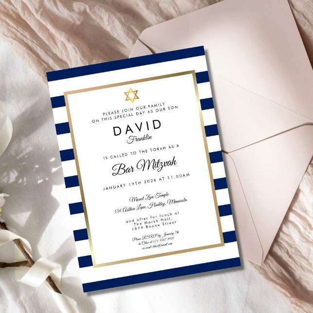 Invitation Bar Mitzvah Bleu Nuit Blanc Rayure Or (Créateur téléchargé)