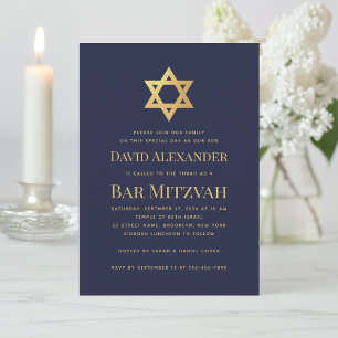 Invitation Bar Mitzvah Bleu Nuit Faux Or Feuille Étoile de Da