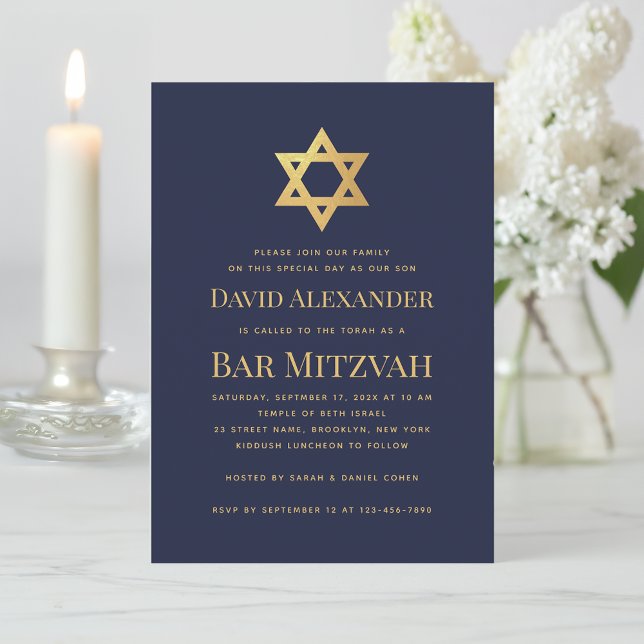 Invitation Bar Mitzvah Bleu Nuit Faux Or Feuille Étoile de Da (Créateur téléchargé)