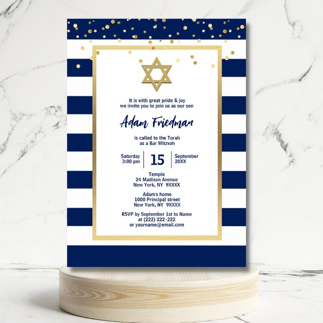 Invitation Bar Mitzvah Bleu Nuit Rayures & Étoile de David | (Créateur téléchargé)
