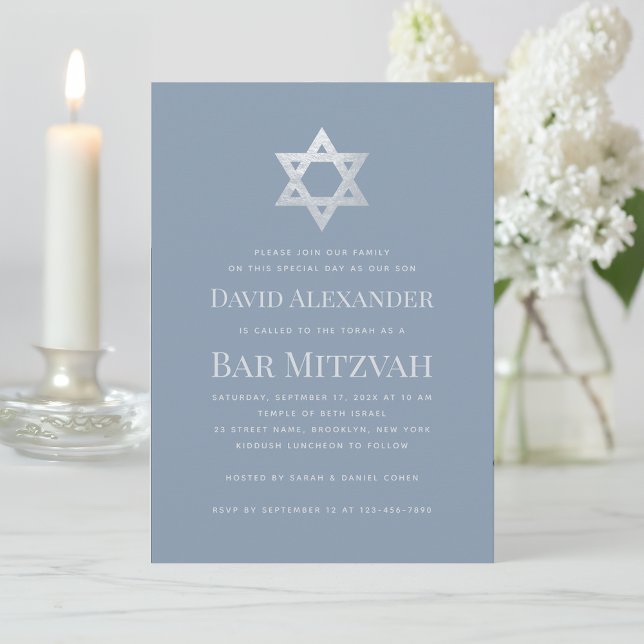 Invitation Bar Mitzvah Bleu Poussiéreux Étoile de David en Fa (Créateur téléchargé)