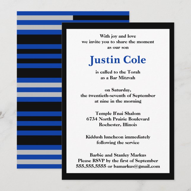 Invitation Bar Mitzvah Bleu / Rayures Argentées sur Fond Noir (Devant / Derrière)